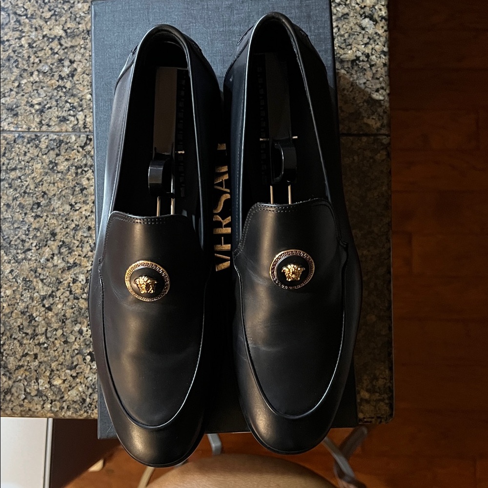 Versace Men's Black Leather Loafers with Gold Medusa Emblem